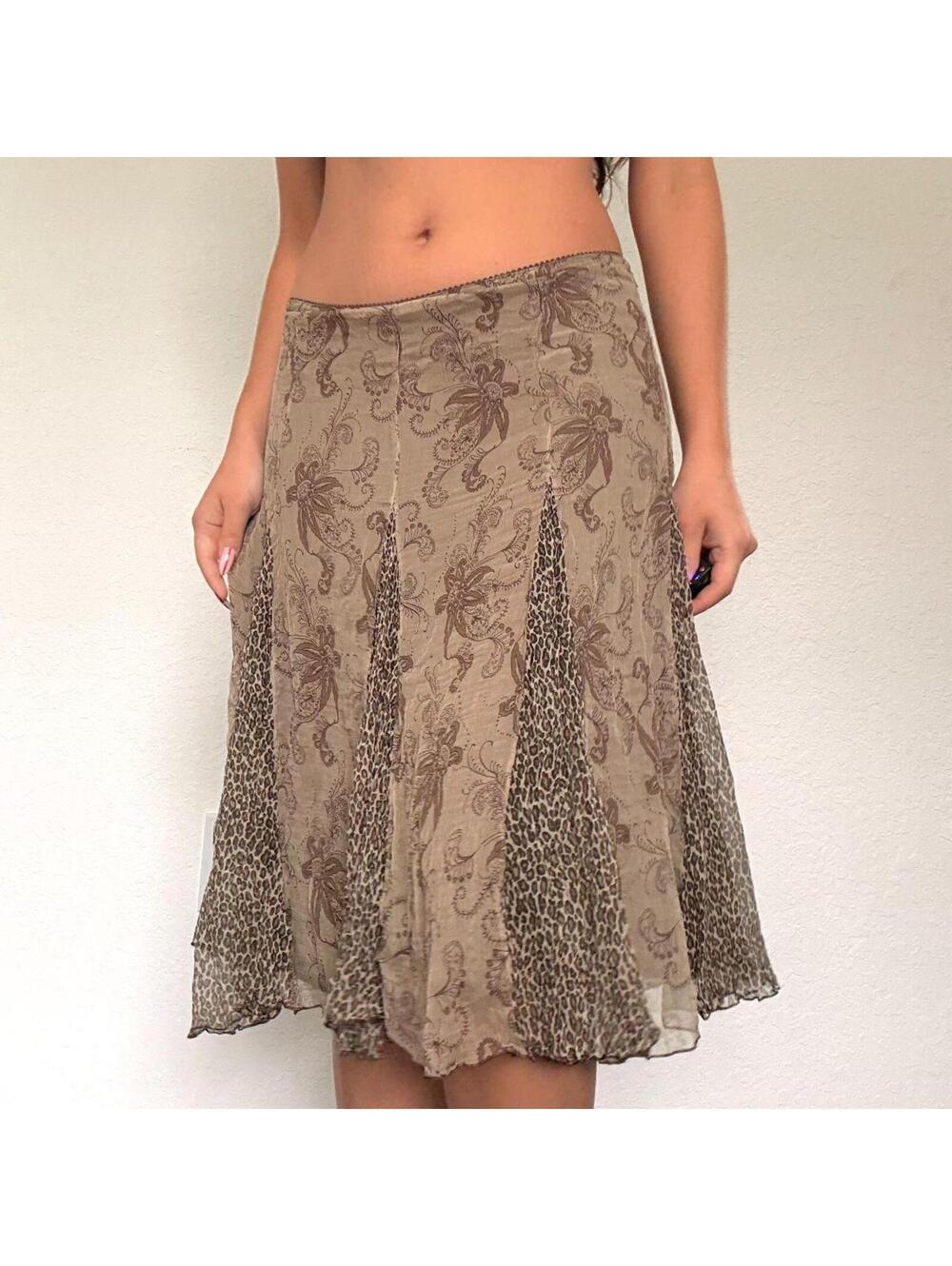 Brown silk midi skirt with floral and leopard mixed prints - Picture 4 of 8